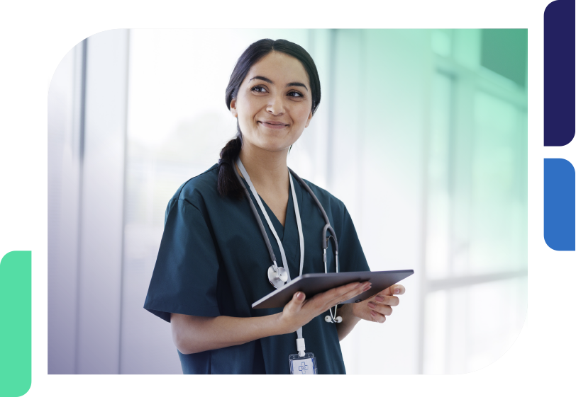 female nurse reviewing time on her tablet